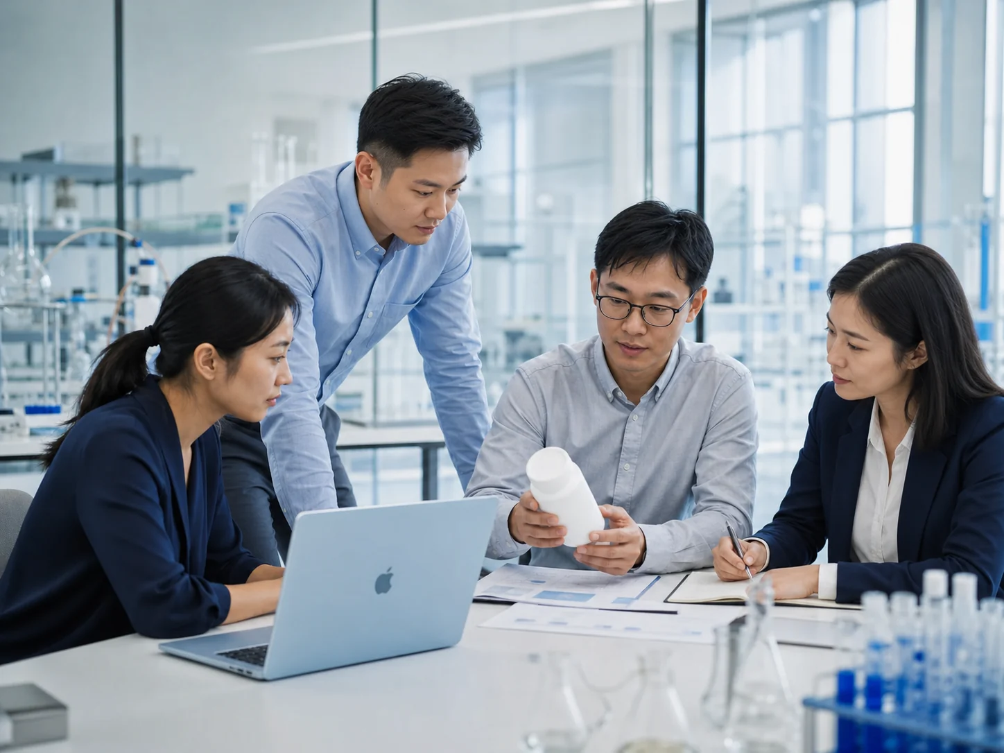 Asian professional chemical solutions team reviewing a product requirement with a blue MacBook Air