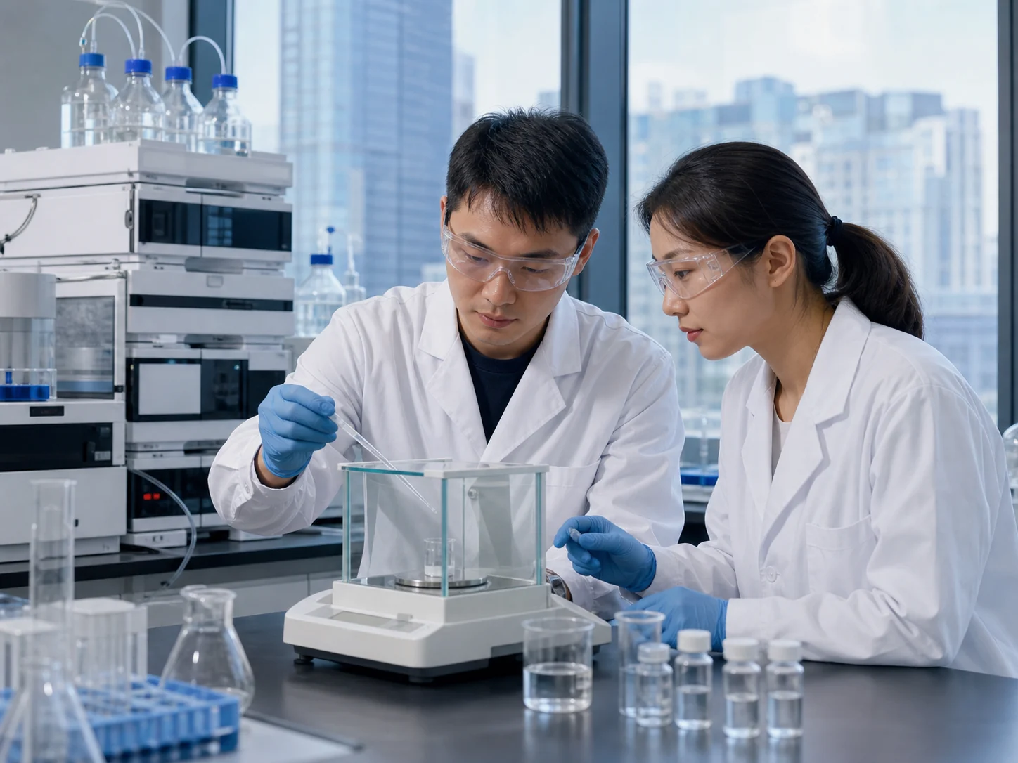 Laboratory specialists carrying out a coordinated chemical sample evaluation