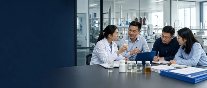 Chinese chemical solutions team reviewing product samples in a modern laboratory