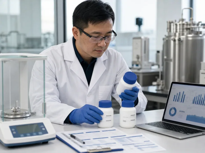 Chemical specialist evaluating product samples and supply specifications