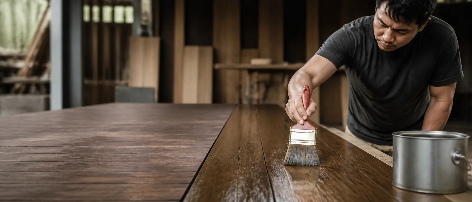 Craftsperson applying a protective coating to real timber boards