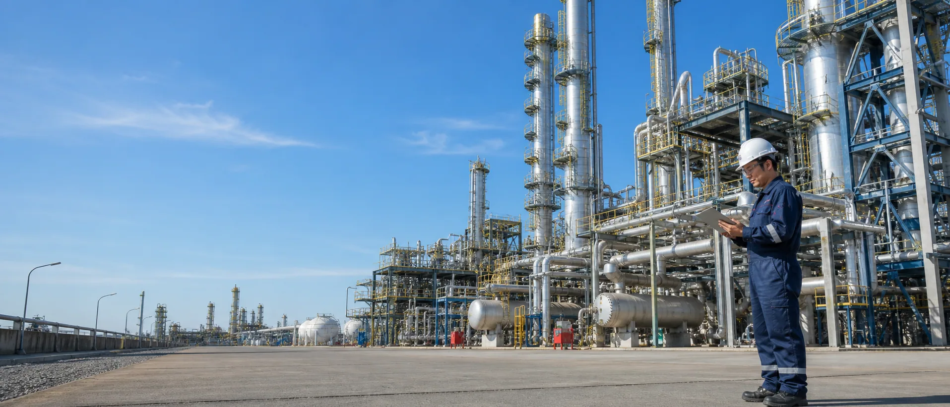 Operations engineer inspecting a modern petroleum refinery and gas processing facility